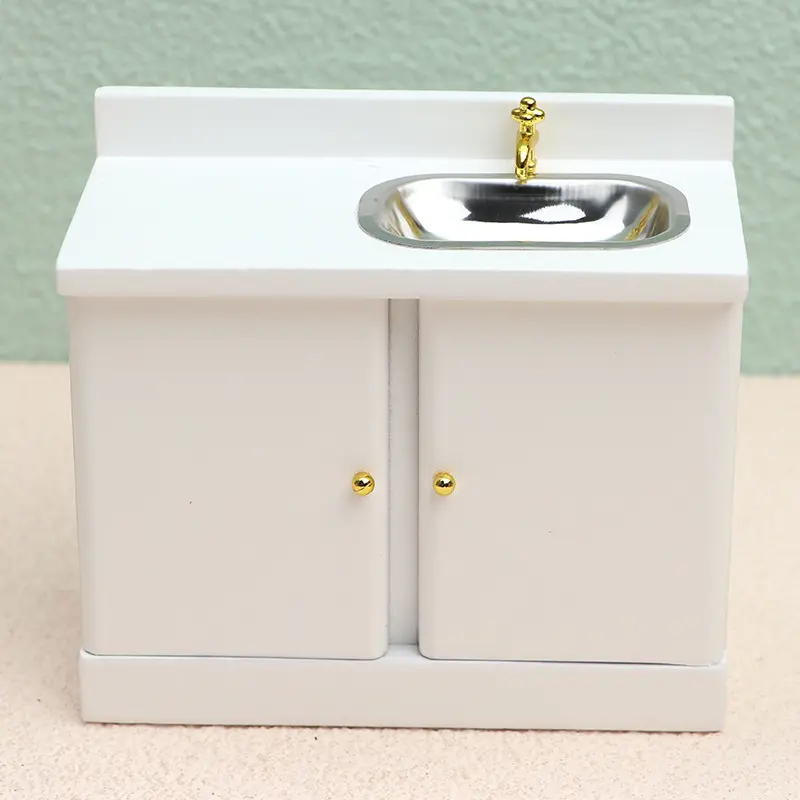 1:12 Miniature Bathroom Sink Cabinet White Porcelain Style Gold Handles Double Drawer Vanity for Dollhouse Diorama Display, Perfect Gift