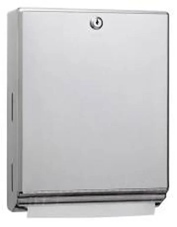 Bobrick Satin Stainless-Steel Paper Towel Dispenser - 10-3/4in Wide, 14-3/4in High, 4in Deep, Door-Mountable Bathroom Storage Cabinet Equipment, Piano Hinge, Tumbler Lock, Dispenses 400 Paper Towels, Model 06-0262