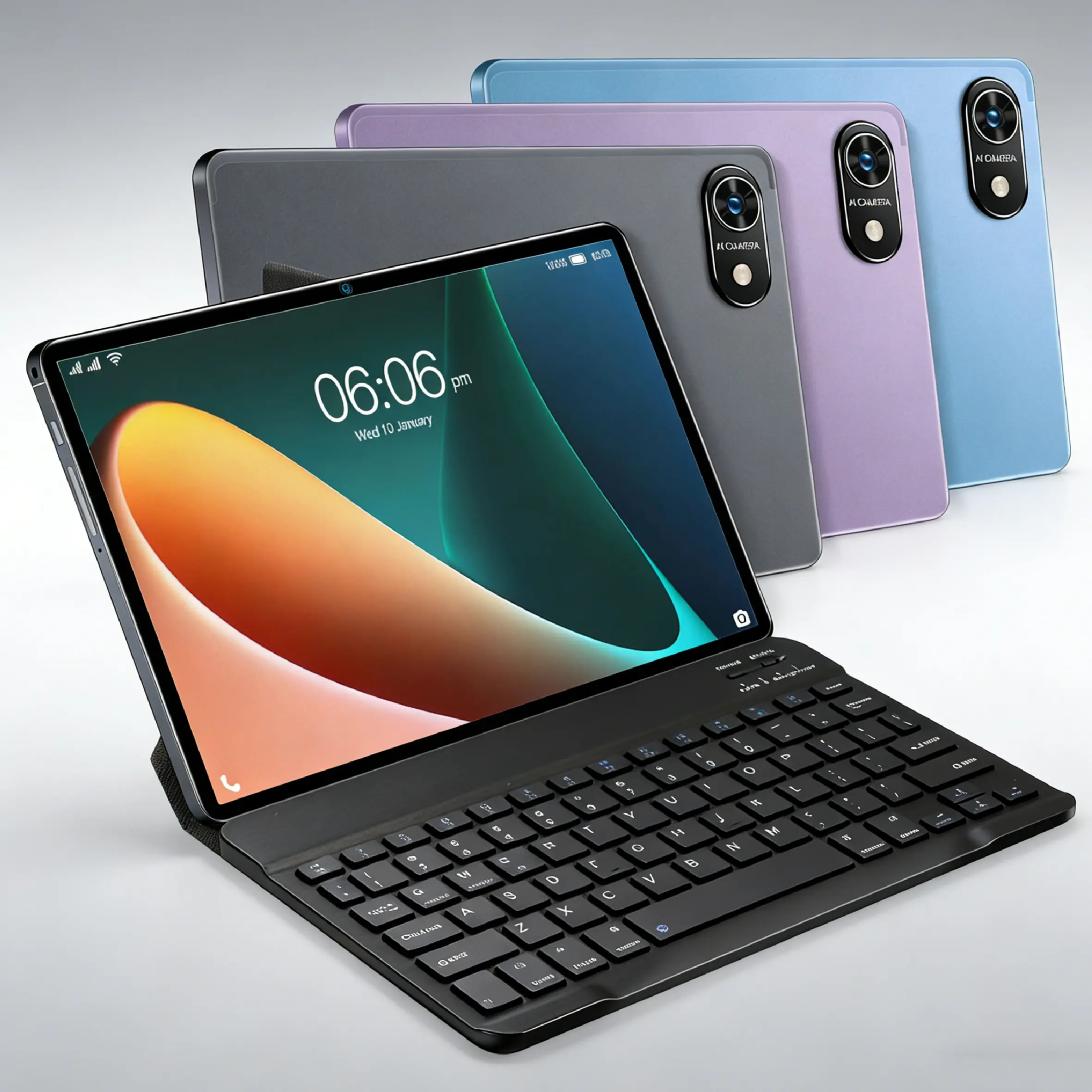 Android 14 Tablet: 10.1-inch HD IPS Display (1280 x 800), 6GB RAM + 128GB ROM, 6000mAh Battery. This is a "2-in-1" tablet package that includes a keyboard, mouse, protective case, and stylus, featuring a dual-camera setup (5MP + 16MP).