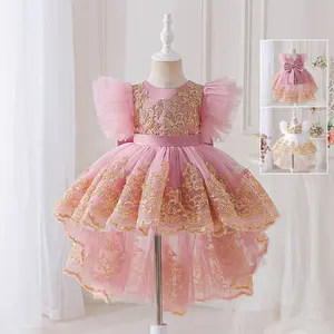 6M-3Y Pink Anniversary 3108 Embroidered Kids Clothes Big Bow White Flower Girls Frock Ball Gown Pageant Children Elegant Princess Prom Host Formal Evening Party Banquet Cocktail Dress