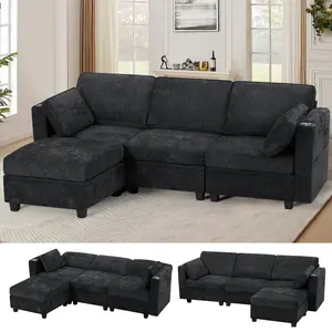 ACMEASE 86" Chenille 3 Seats Sofa w/Movable Storage Ottoman, Sectional Sofa w/Adjustable Backrests, Fabric Couch w/USB&Type-C Ports, Cup Holders for Living Room
