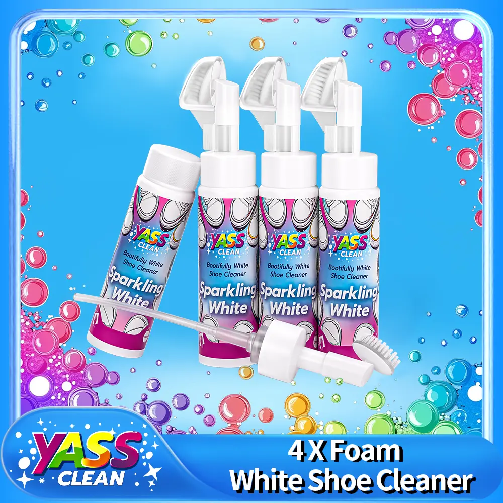 Yass Clean Multi-Purpose Shoe Cleaning Brush Deep Clean Scrubber for Sneakers, Leather & White Shoes, Ergonomic Bootifully Foam White Shoe Cleaner Sparkling White 200ml 7 OZ 4PACK - Use a Gentle Brush to Remove Stains - Trainer Cleaner