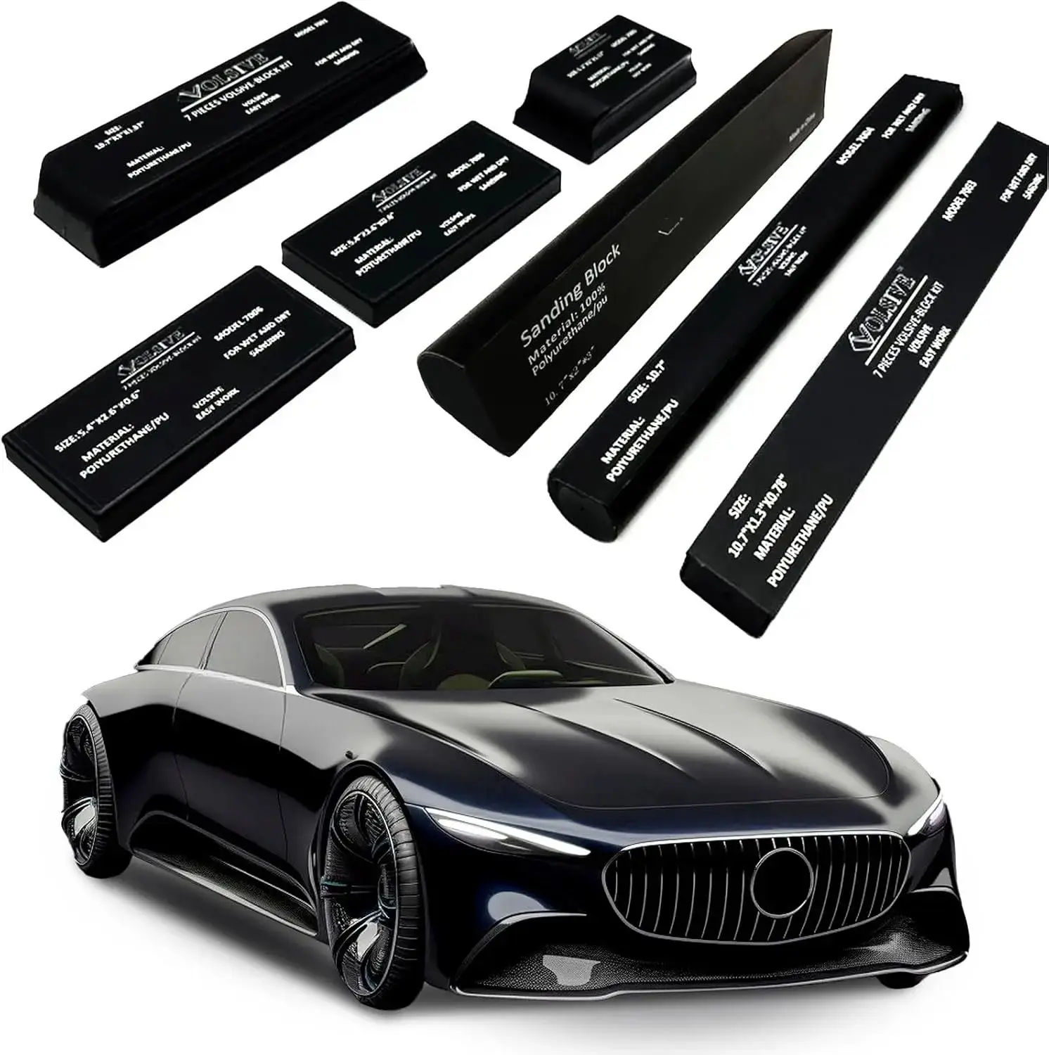 Hand Sanding Block Set of 7,PSA Base Auto  Sanding Block Kit with Long Panel Sander,Flexible for Automotive  and Woodworking Sand Furniture,Black