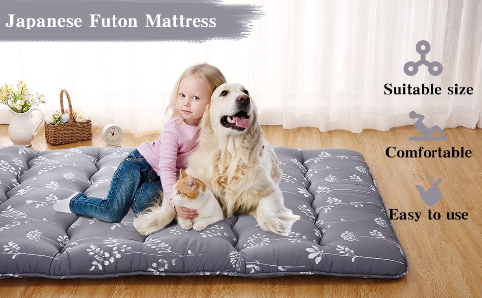 【GARVEE】Japanese Futon Mattress with Floral Pattern, Available in Full and Twin Sizes, Ideal for Use as Floor Mattress, Tatami Mat, or Comfortable Sleeping Pad for Camping and Travel