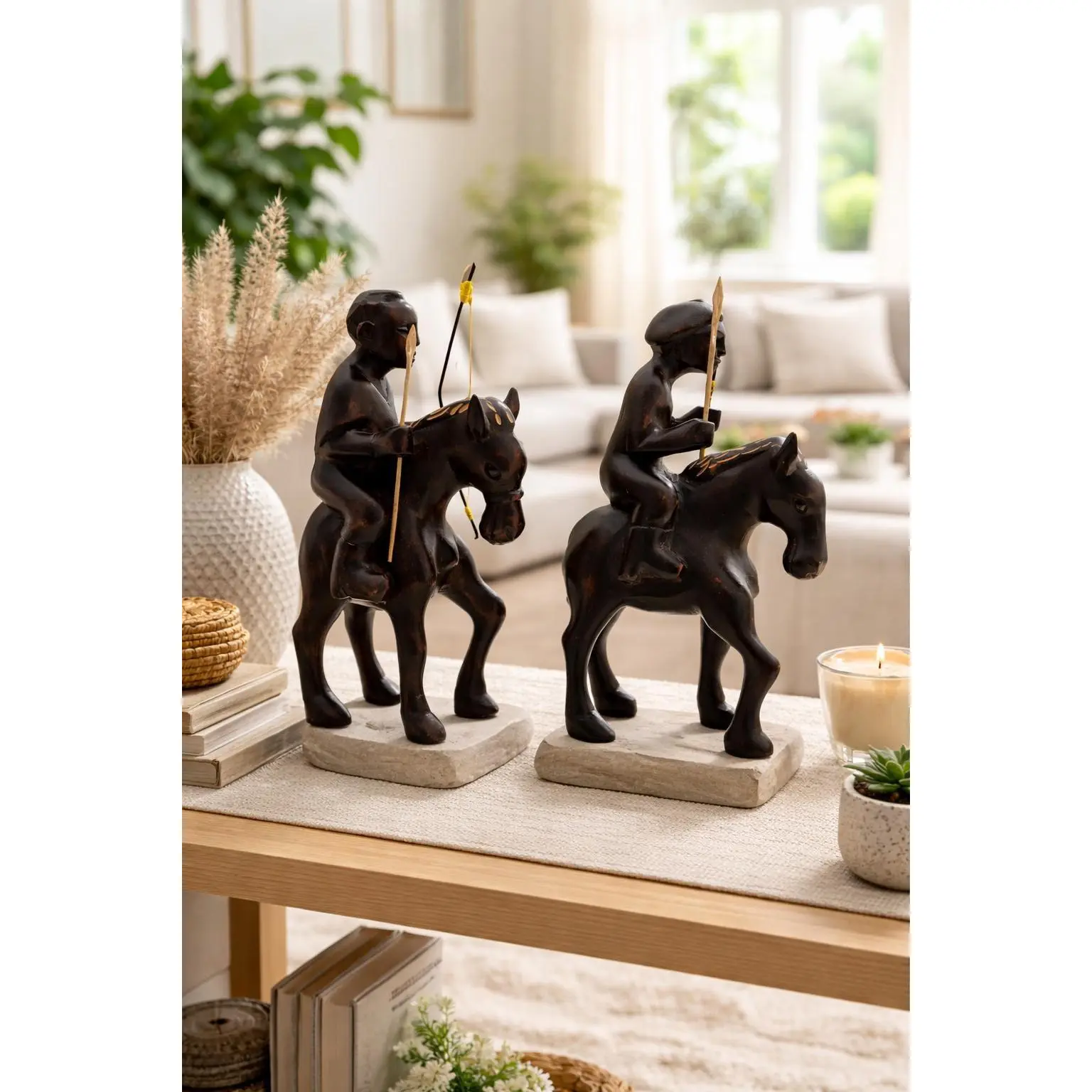 Hand-Carved War Fighting Horse Statues – African Decor Pair