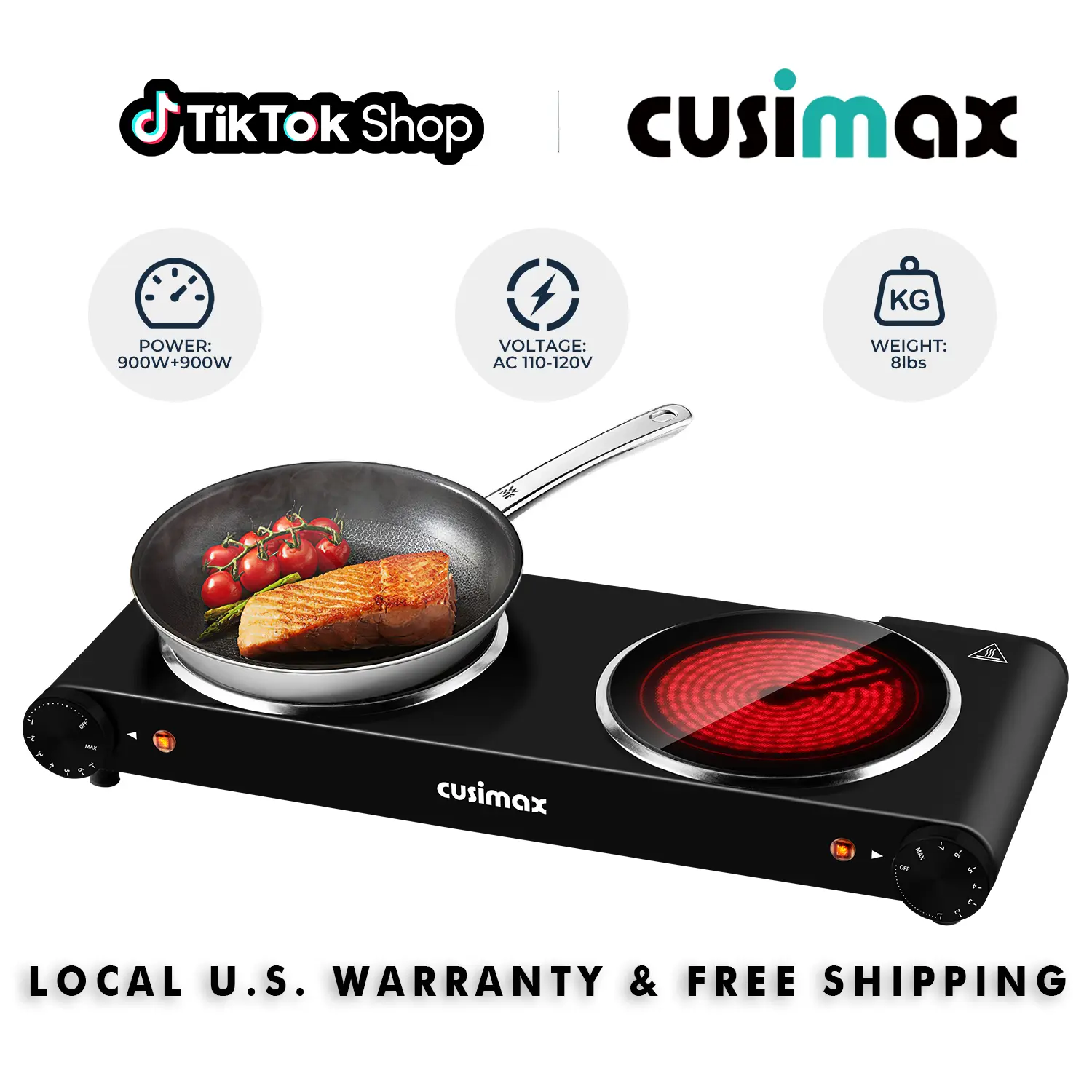 CUSIMAX Dual Control Ceramic Electric Hot Plate - Mini Kitchen Appliance, Small Induction Hob, US Plug, Durable Stainless Steel Body, Energy Efficient, Auto Shut-Off, Precise Temperature Control, Induction Compatible Cookware