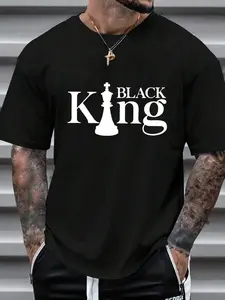 Men's Casual Cotton T-Shirt with King Print & Chess Piece Design, Daily Wear Tee for Men, Unique Style Statement