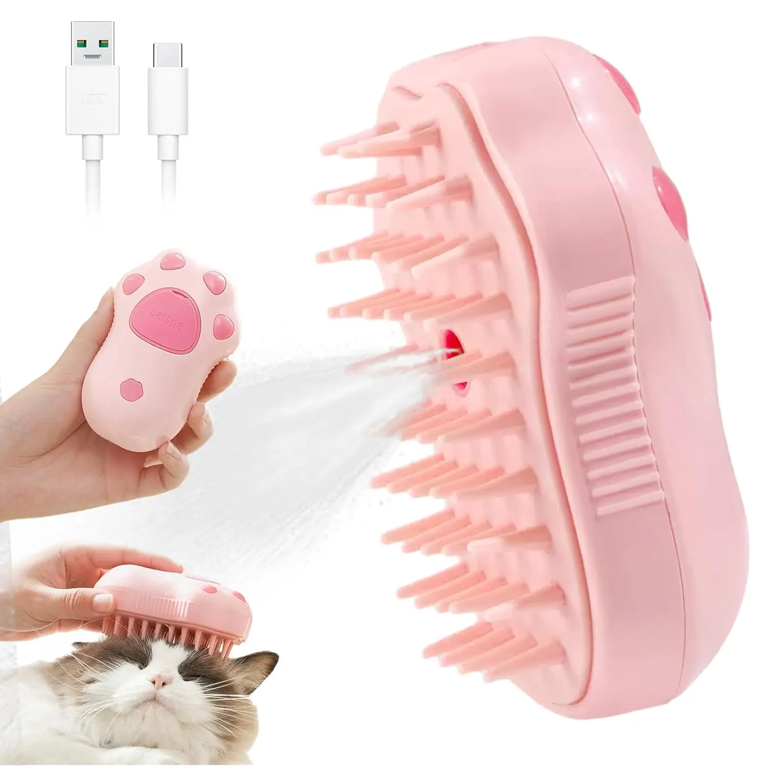 3 in 1 Paw Design Pet Hair Removal Spray Comb, One-click Spray Pet Grooming Brush, Pet Hair Remover Massage Brush, Pet Grooming Accessories, Pet Suppl