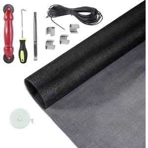 Window Screen Door Repair Kit, 48"x118" Fiberglass Mesh Replacement with Roller Tool/Hook/Spline//Clips/Ruler, 7-in-1 Sliding Patio Door & Screen Door Repair Kit, Black