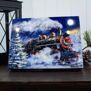 North Pole Express 8x6 Lighted Tabletop Canvas by Marcello Corti Fiber Optic LED Technology Auto Timer Christmas Train Artwork