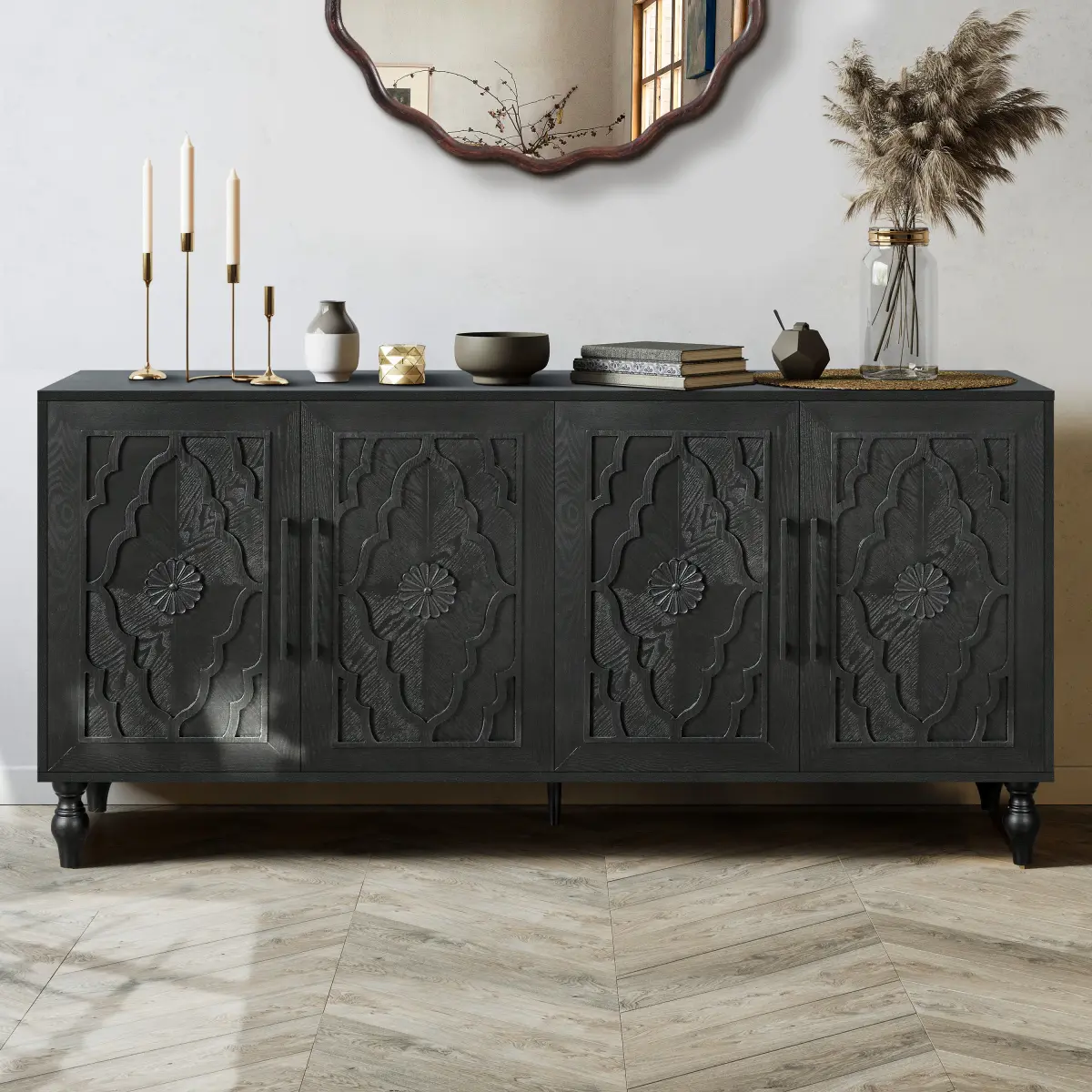 Black Carved Flower Large Storage Cupboard with Metal Handle - Carved Doors, Cross Panel, Flower Cutout - Console Storage, Shoe Cabinet Entryway - WL Artistic Design, Practical Durable Indoor Unit by Summerwins
