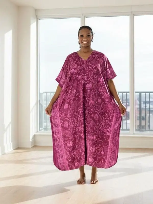 Up2date Fashion Women's Original Polyester Satin Caftan - Purple Print, Long Sleeve, Golden Elegance Clothes, Comfortable Day & Nightwear, 1 Size, Style Caf-16B, Dress