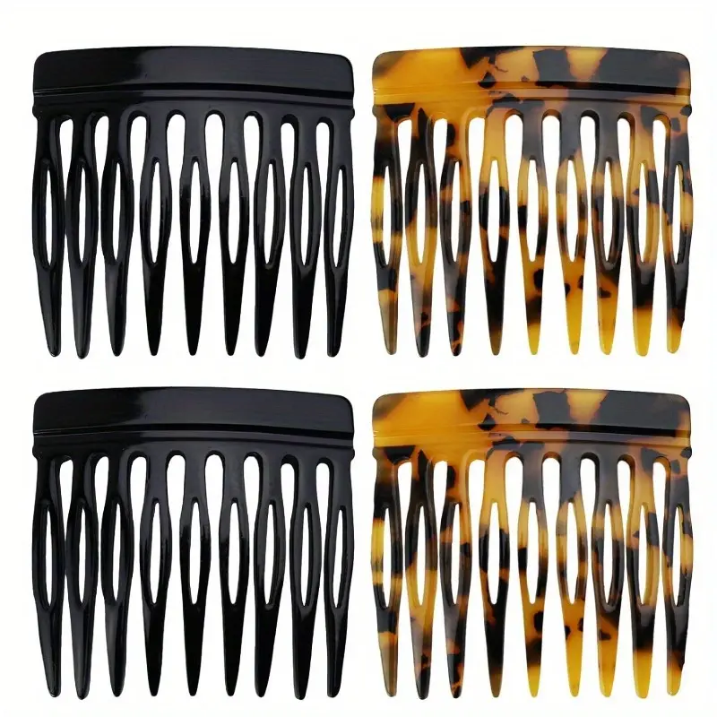 Women's 4-Pack Vintage French Twist Hair Combs, Acetate Fine-Teeth Side Combs, Anti-Knot Decorative Styling for Buns & Updos, Black & Tortoise Shell Plastic Hair Accessories, Black And Tortoise Shell