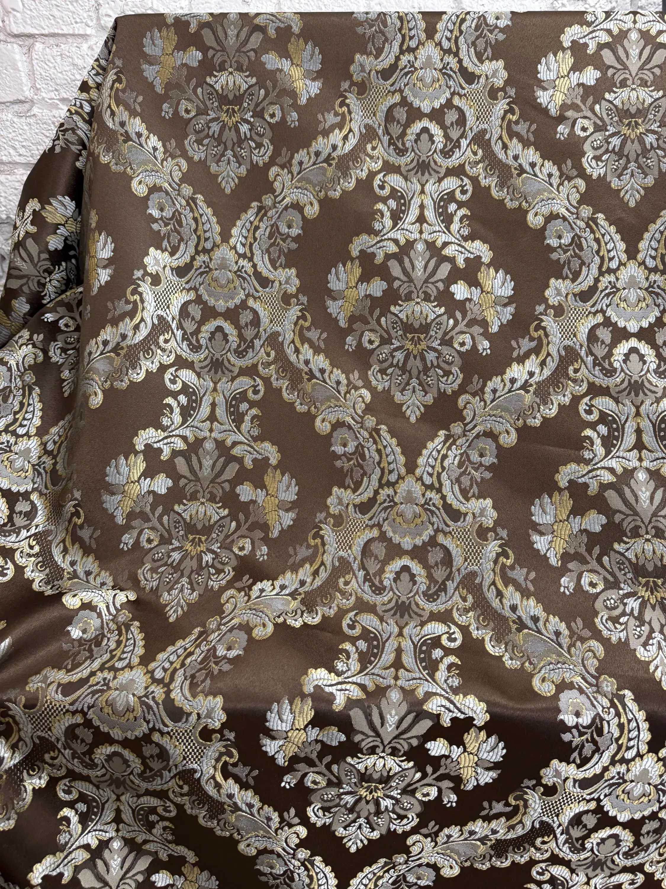 100% Polyester Chocolate-Blue Jacquard Damask Fabric, 58" Wide Drapery & Upholstery Fabric, Sold by the Yard