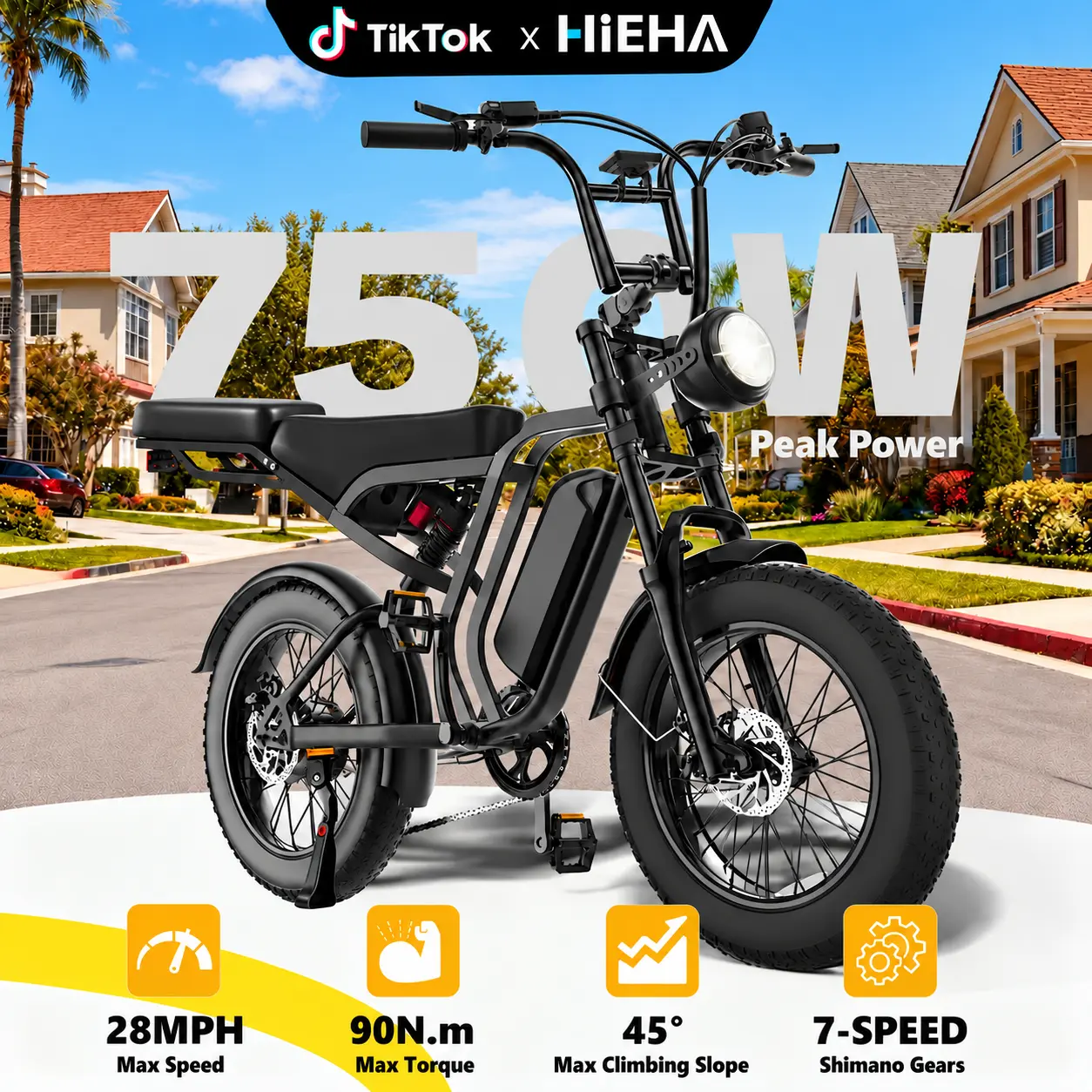 【HIEHA】2026 Upgraded Electric Bike – Pedal Assist Up to 28 MPH, 30+ Mile Range, 48V Removable Battery, NFC Card & Display Password Unlock, Dual Suspension, Fat Tires, Turn Signals & Brake Light