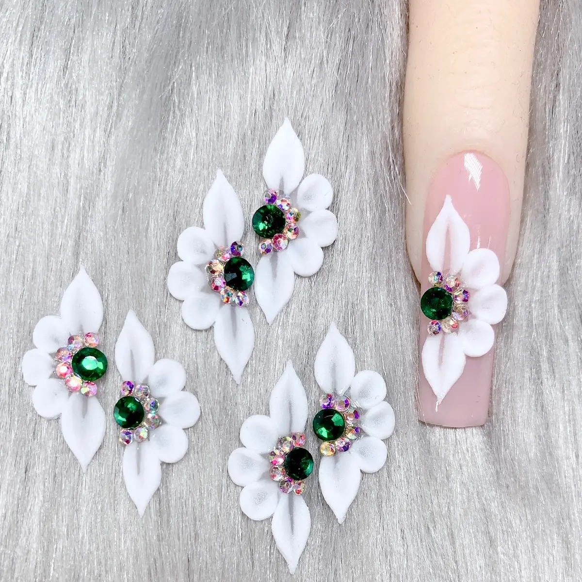 Premade 3D acrylic White flowers Emerald AB Bling XL petal nail charms nail art