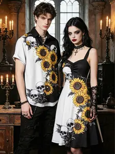 2026 Women's Gothic Dresses Contrast Color Sunflower Skulls Pattern Ruched Bust Dress Sweetheart Neck A Line Mini Holiday Dress