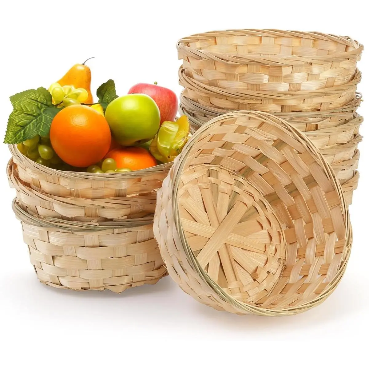 10 Pack Round Gift Baskets, 8 Inch Natural Bamboo Woven Fruit Basket, Small Wicker Bread Roll Serving Basket, Food Storage Bin Handmade Baskets for Kitchen Restaurant Centerpiece Christmas