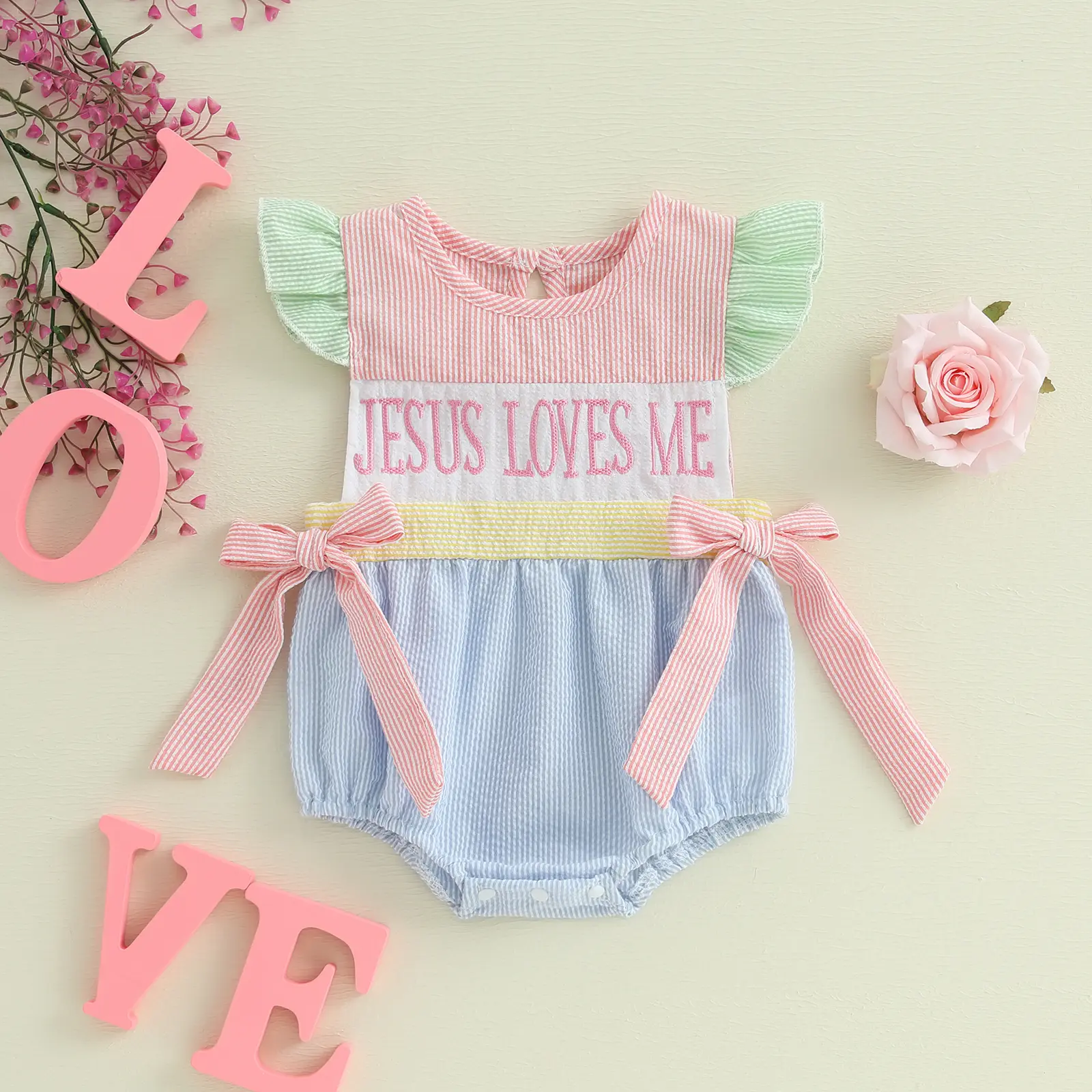 Babamoon Infant Baby Girl Easter Romper - Baby Clothes Girl, Sleeveless Round Neck Stripes Print Onesie Bodysuit with Ruffle, Bow Accents, Snap Buttons, Casual Newborn Outfits (Jesus Loves Me Design), Soft Fabric