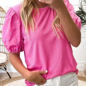 Women's Bright Pink/ Green/ Black Ribbed Pearl Beaded Puff Sleeve Top