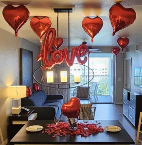 Luxe Balloon Set 42'' Red LOVE Balloon Set, 12 Heart Foil Balloons, 1000 Silk Rose Petals, Air Pump, Ribbon & Glue Dots Kit Retro Light