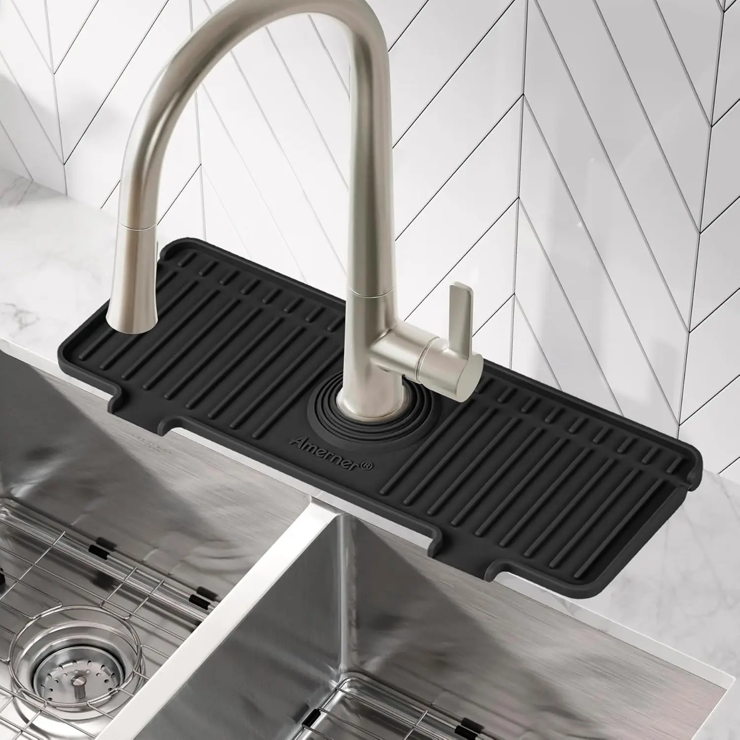 Kitchen Sink Splash Guard, 10° Large Slope & Adaptable Hole Faucet Mat for Kitchen Sink, Silicone Sink Organizer Sponge Holder for Kitchen, Bathroom, RV, Bar, 14.2” x 5.1”, Black