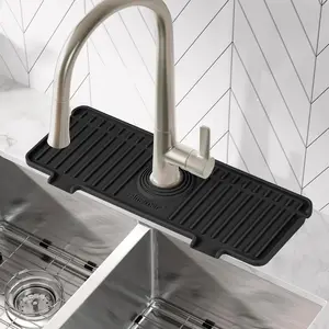 Kitchen Sink Splash Guard, 10° Large Slope & Adaptable Hole Faucet Mat for Kitchen Sink, Silicone Sink Organizer Sponge Holder for Kitchen, Bathroom, RV, Bar, 14.2” x 5.1”, Black