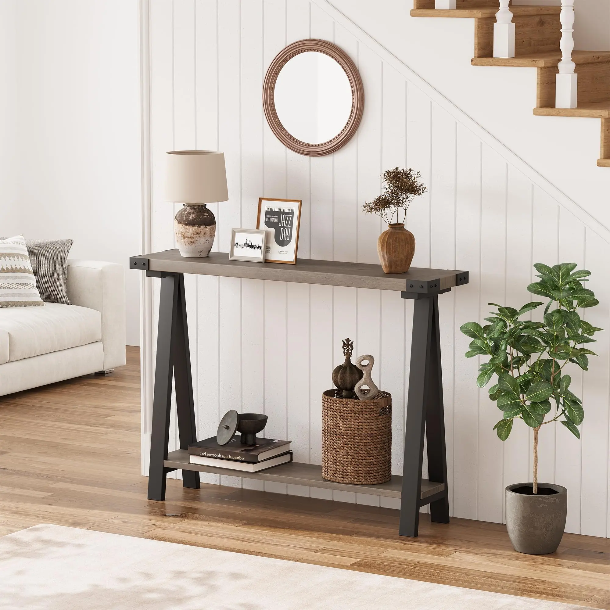 Garvee Narrow 43.3" Two-Tier Console Table with Storage, Ideal for Entryways, Small Hallways, and Living Rooms – Space-Saving Design with Multiple Shelves