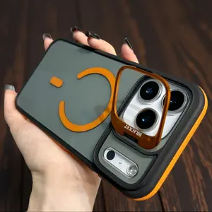 Orange contrasting color, lens frame bracket, magsafe phone case Compatible With Iphone 17 17promax air 16 16pro 16promax 15 15pro 14 14pro 13 12 11 Max Magnetic Charging Anti Fall Prokect Cover Casing Cellphone Smartphone