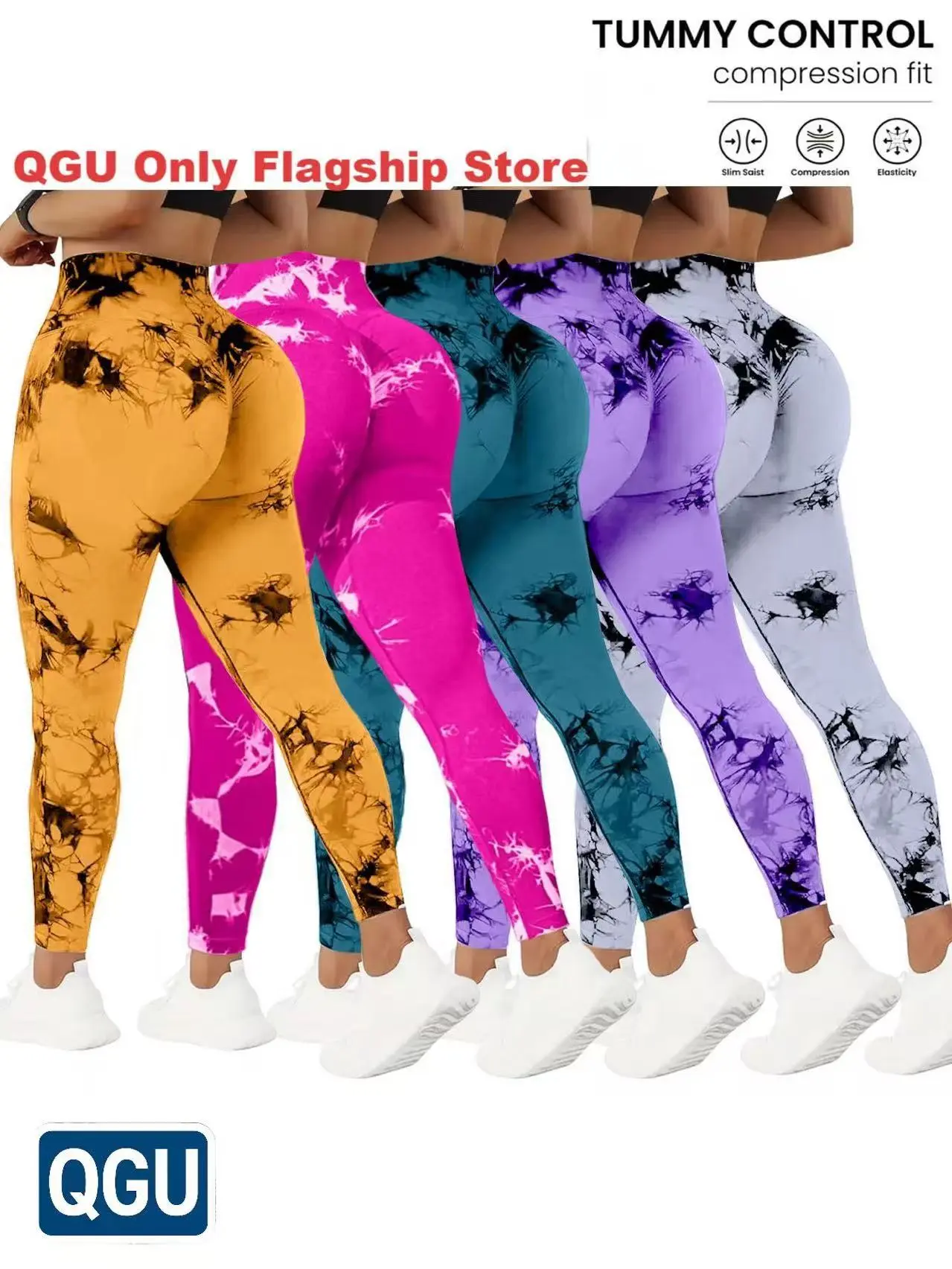 QGU Women's 5-Pack Tie-Dye Yoga Pants - High Waist, High Stretch Leggings with Tummy Control & Peach Lift, Gym Clothes Women, Workout Gear for Biking, Running/Bike, Knitting, Tie-Dye Pattern, Fitted, Body Control Women's Sports Leggings