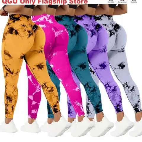 QGU Women's 5-Pack High Waisted Yoga Pants - Tie-Dye, High Stretch, Tummy Control, Peach Lift, Skinny Fit, Plus Size, Knitting Athleisure Leggings, Activewear for Yoga, Running/Bike Sports Bottoms