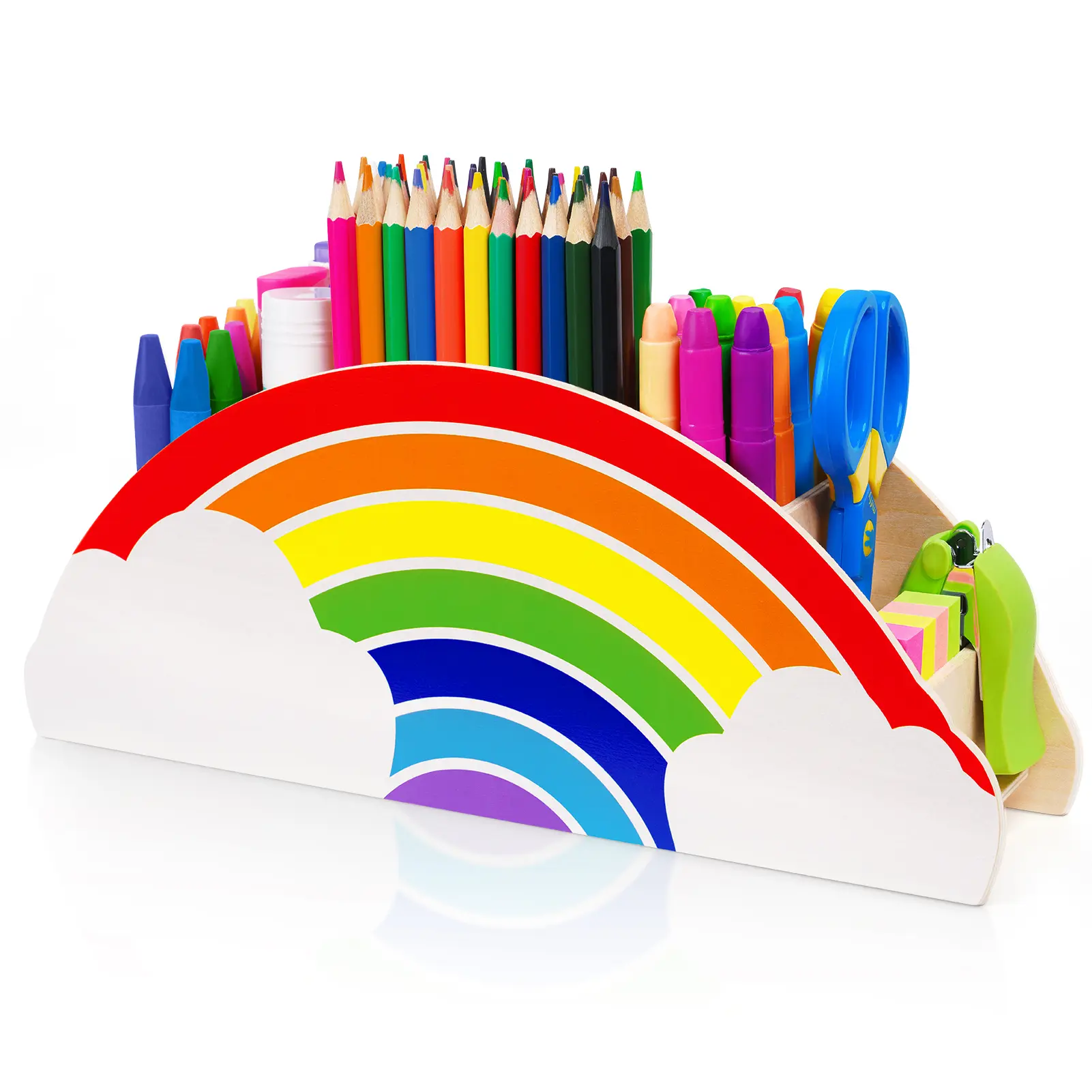 GAMENOTE Painted Rainbow Theme Wooden Pen-Pencil Holder with Phone Stand - Gift Boxed Office Decorative Organizer, 11.5x4.8x2.75in Multiple Slots Stationery Supplies Holder, Teacher Back to School Haul Desk Accessory (summerwins)