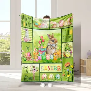1Pc Cozy Easter Bunny & Egg Flannel Blanket - Soft, Reversible, All-Season Comfort With Vibrant Spring Decorations - Perfect For Sofa Or Bed, Machine Washable, Contemporary Style