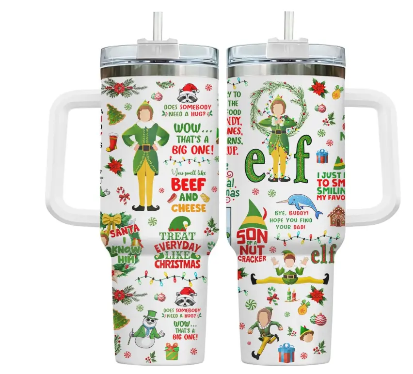 [Gift Box & Straw]  40oz, 20oz Festiv3''sss Christmas Elf Holiday Print Stainless Steel Tumbler with Handle and Straw Vacuum Insulated Travel Mug Fits Car Cup Holder Cool Gift for Christmas Lovers, Men & Women