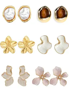 6 Pairs Elegant Pastel Flower Stud Earrings, Ear Studs, Unique Statement Flower Dangle Earrings White Enamel Large Stud Trendy Jewelry Personality Big Stud Earring