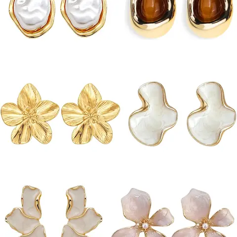 6 Pairs Elegant Pastel Flower Stud Earrings, Unique Statement Earrings, White Enamel Large Ear Studs, Trendy Jewelry, Earrings Set, Stud Earring Pack
