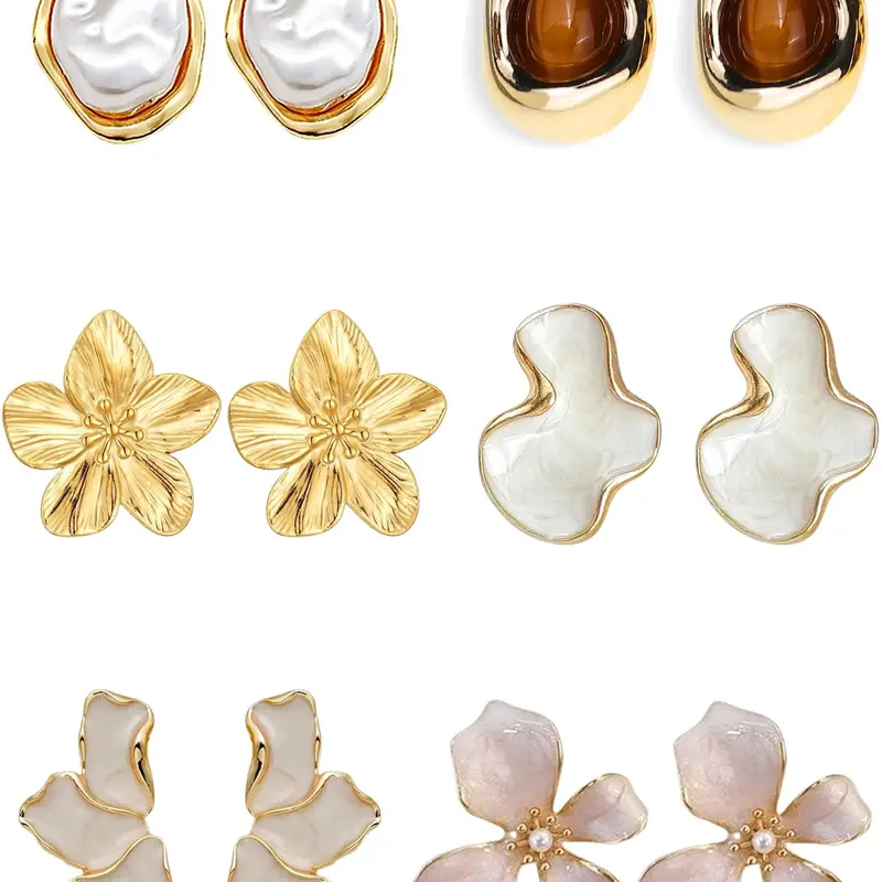 6 Pairs Elegant Pastel Flower Stud Earrings, Unique Statement Earrings, White Enamel Large Ear Studs, Trendy Jewelry, Earrings Set, Stud Earring Pack