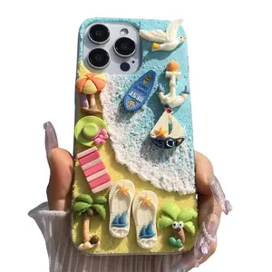 Handmade Beach Sailboat Sun Chair Coconut Tree Seagull Aesthetic Protective Smartphone Case for iPhone 17 16 15 14 13 12 11 Pro Max, Soft Tpu Anti-Slip Back Cover