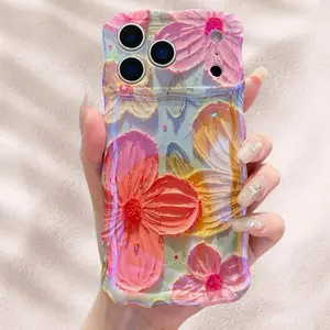 phone case Laser Colorful Retro Oil Painting Flower Pattern for iPhone 17 Pro Max/17 Air 16 15 14 13 Pro Cute Curly Wave Frame Exquisite Phone Case for Girls Women, Shockproof TPU Protective Phone Cover Accessories
