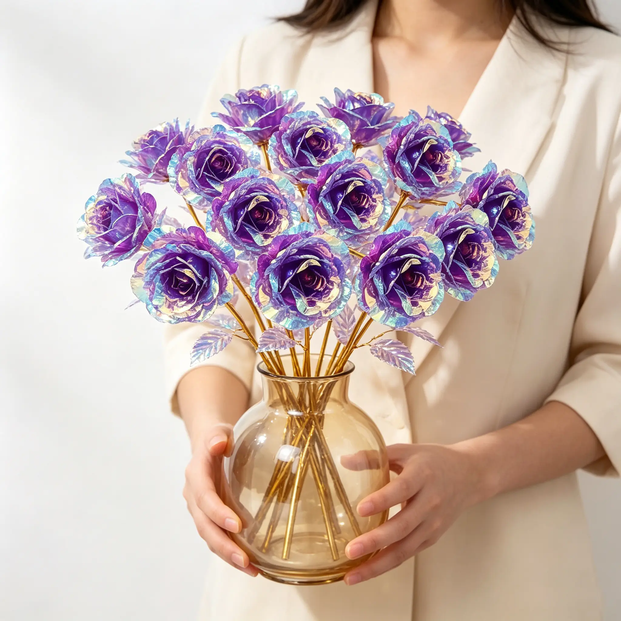 12Pcs Gold Foil Reflective Artificial Rose Flower Bouquets Set - Handmade Decorative Ornaments with Realistic Texture, Home Decor for Living Room, Ideal Wedding Anniversary Birthday Gift for Bedroom Artificial Fake Flowers Artificial Bouquets