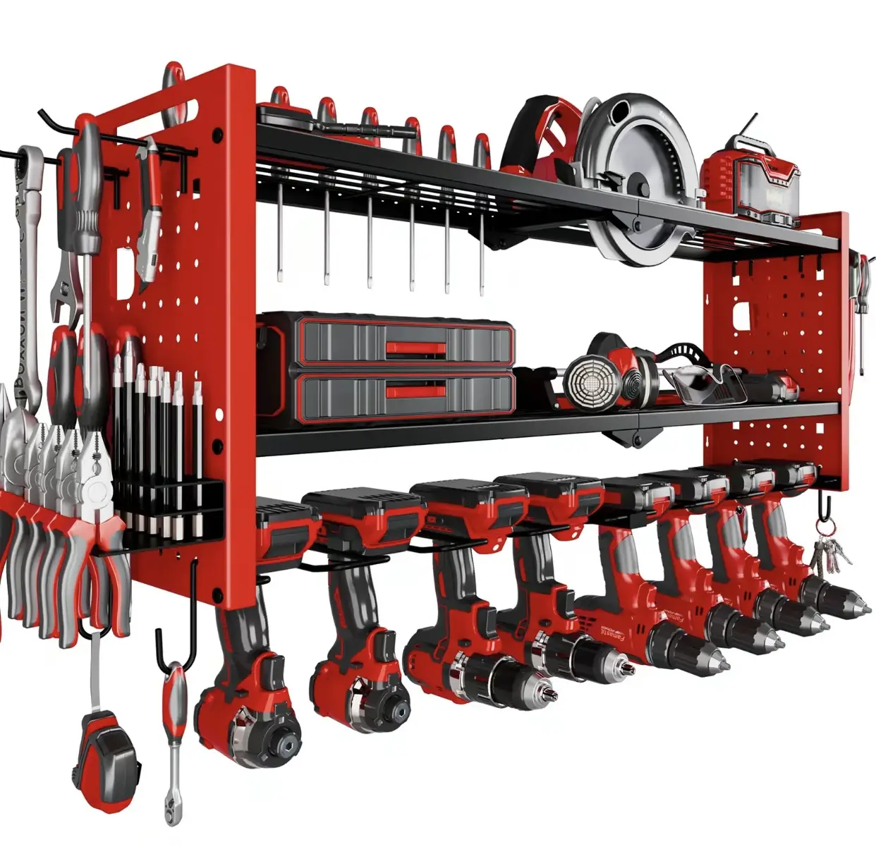 Poweer Tool Organizer Wall Cordless Drill Hanger Storage Rack 8 Drill Holder,3 Layers Heavy Duty Tool Storage Rack,Adjustable Shelf Garage Hangable