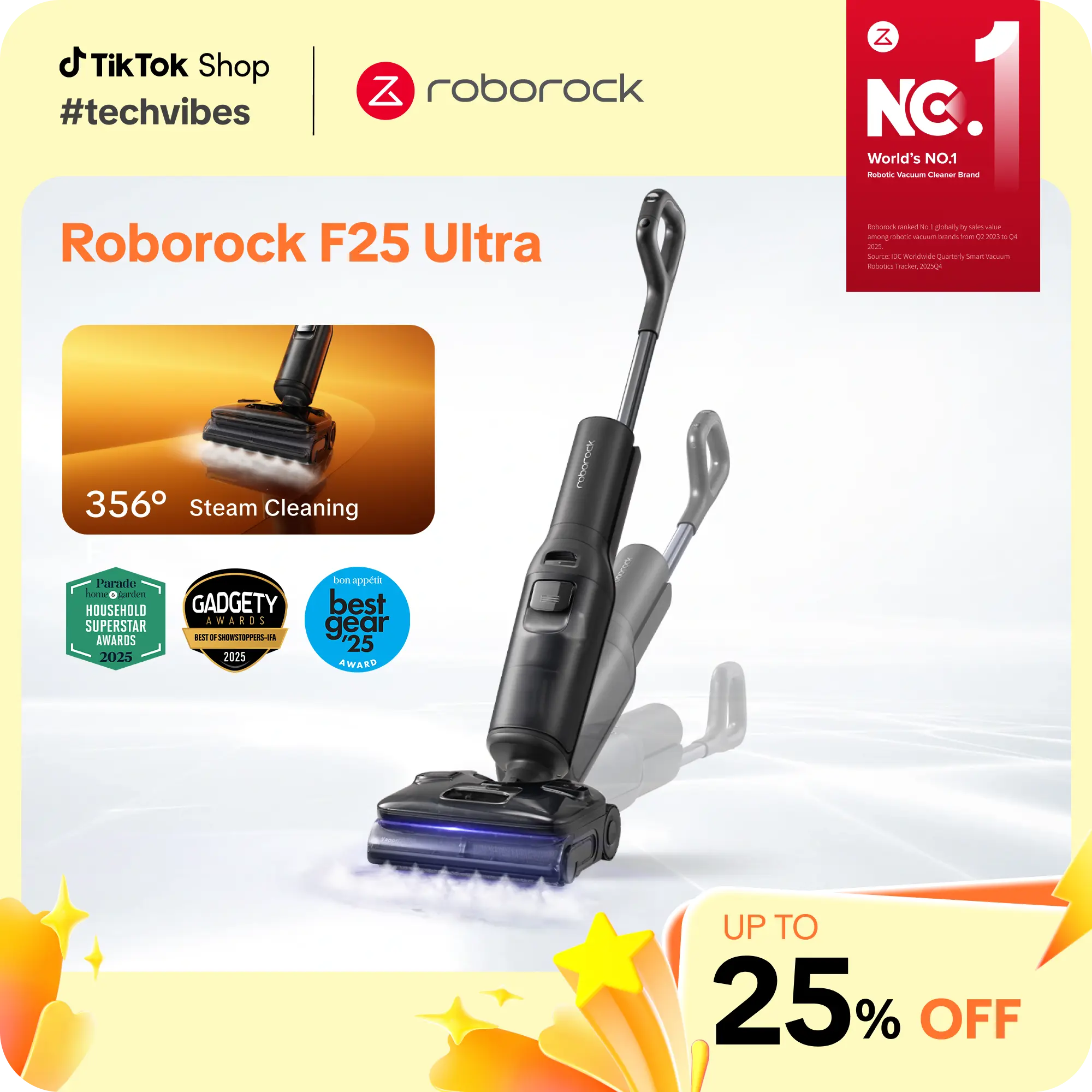 Roborock F25 series Ultra Steam Wet Dry Vacuum Cleaner, 356°F Steam Mop & 187°F Hot Water Cordless Vacuum Mop All in One, Floor Washer with Blue Light, 194°F Self-Cleaning, 180° Lay-Flat, AI Assitant Wheels  #roborocknewarrives  #TechVibes