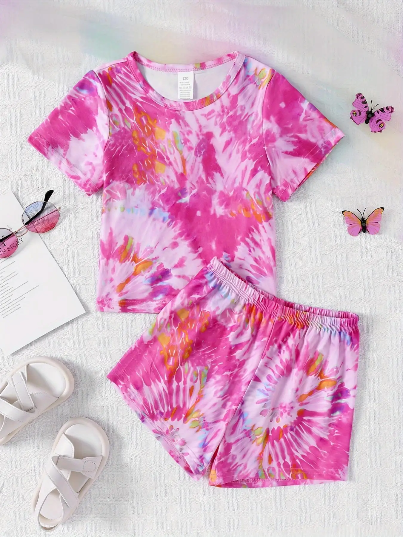 Two-Piece Set Girl's Tie Dye Print Tee & Elastic Waist Shorts Set, Casual Short Sleeve T-shirt & Shorts, Summer Outfits Clothes for Kids