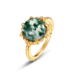 riginal Design Wholesale Gemstone Green Agate Rings 925 Sterling Silver Jewelry Big Carat Natual Moss Agate Ring for Women Valentine Gift for Girlfriend