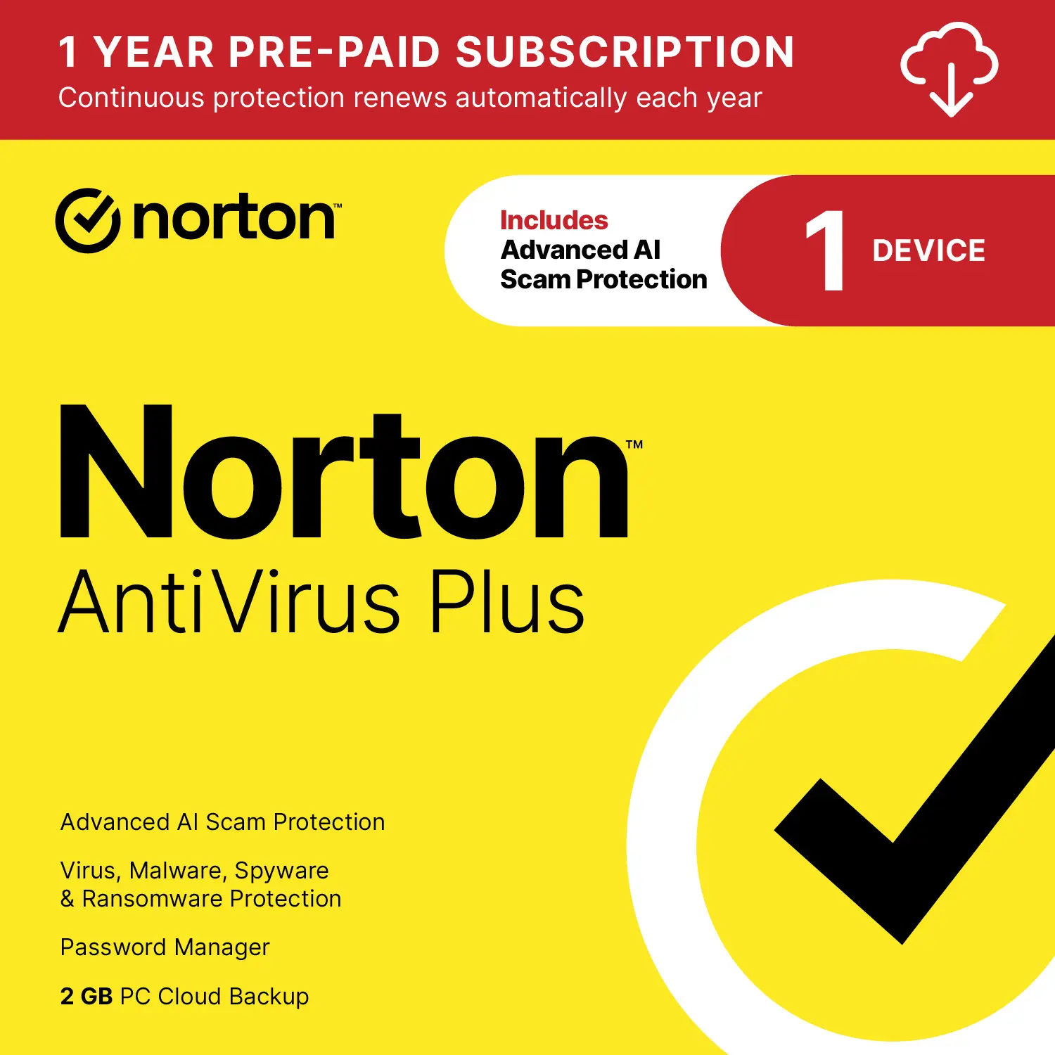 Norton AntiVirus Plus Security Software - 1 Device Win/MacOS Subscription, Auto-Renewal, Advanced AI Scam Guard, Password Manager, Malware Defense, Cloud Backup, Prepaid Term [Digital Download], Spyware Protection