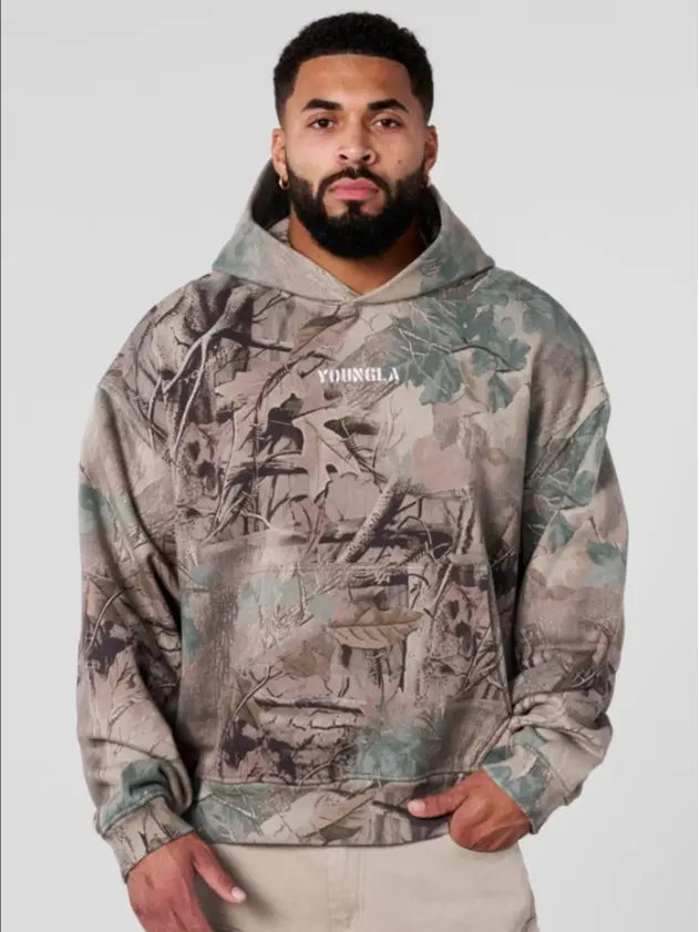YOUNGLA Tree Camo Pullover Hoodie, Men's Camouflage Graphic Sweatshirt, Relaxed Fit Hooded Sweatshirt, Workout Gym & Casual Streetwear