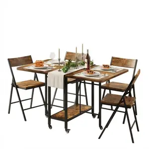 GAOMON Folding Dining Table and Chair Set, Drop Leaf Foldable Kitchen Table with 4 Chairs, Folding Dinner Table Set with Storage & Lockable Wheels, Space Saving, for Kitchen or Dining Room, Retro