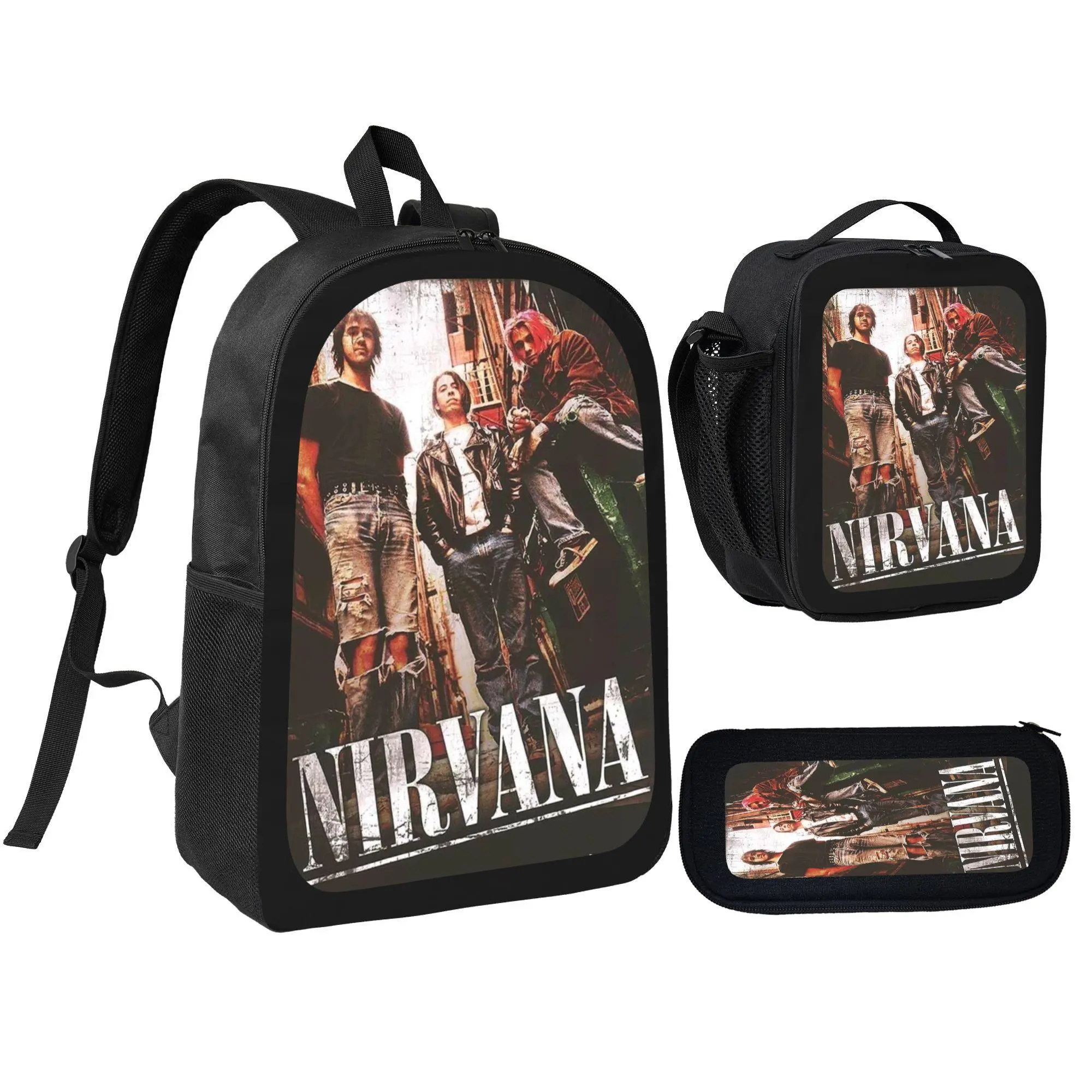 3Pcs Nirvana Print Band Theme School Backpack Set, A4 Size Multi-Pockets Bag With Lunch Bag & Pencil Pouch, Gift-Ready For Teens