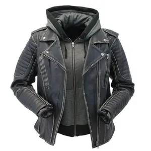 Women's Quilted Leather Moto Jacket with Hoodie