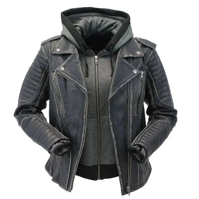 Women's Quilted Leather Moto Jacket with Hoodie